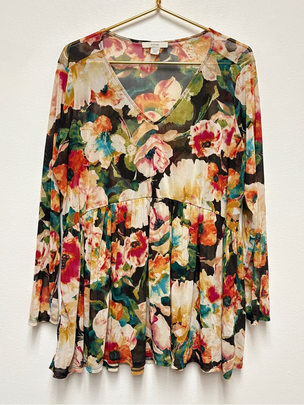 Sejour Floral Print Mesh Peplum Tunic Size 1X Dark Romantic Cottage Sheer